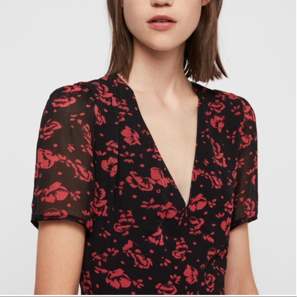 All Saints Luca Eira Red and Black Floral V Neck Dress - Picture 3 of 14